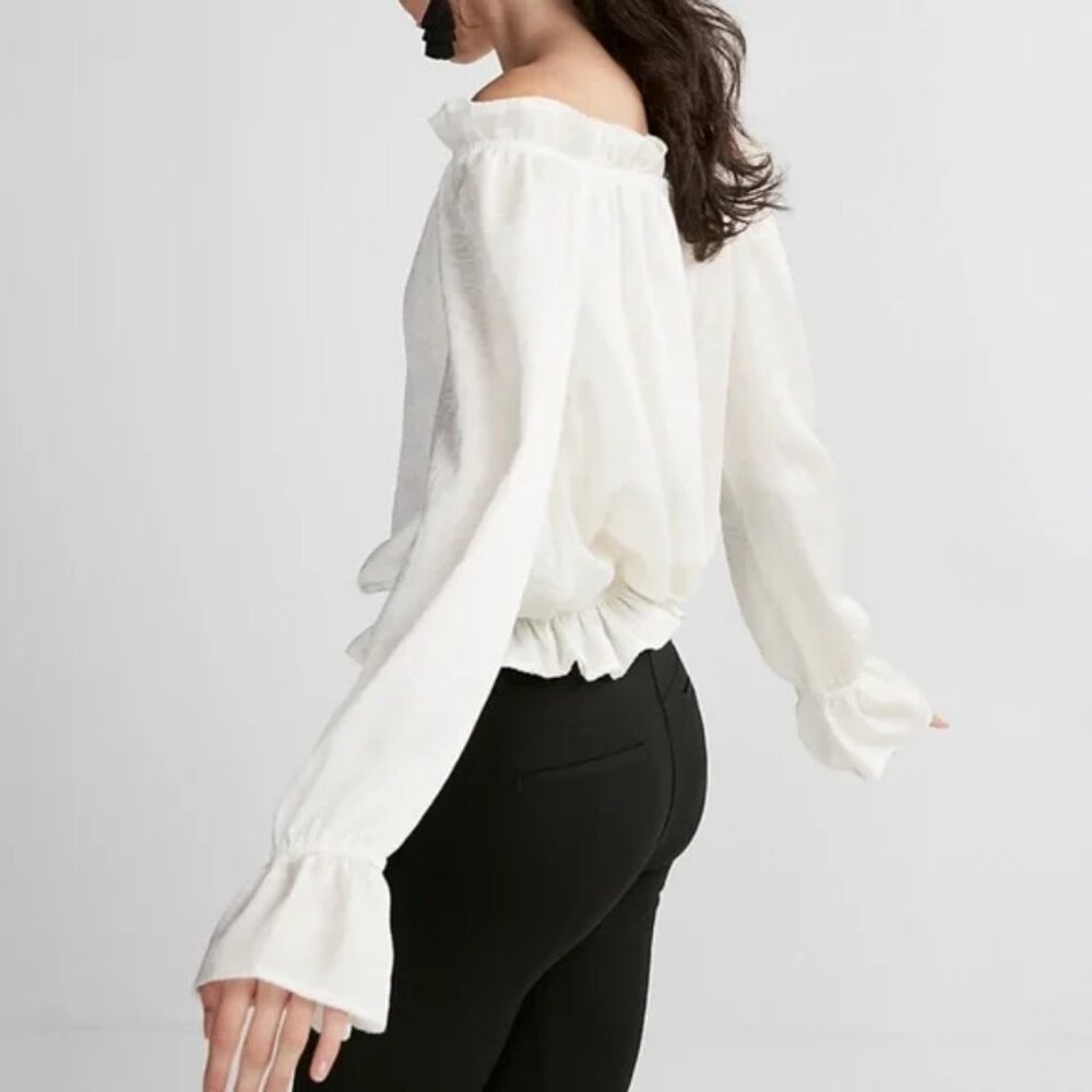 EXPRESS WOMENS OFF SHOULDER RUFFLE LONG SLEEVE GREEN BLOUSE TOP XS